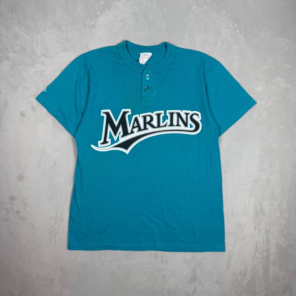 90s Mens Majestic Florida‎ Marlins Henley Baseball T-Shirt Teal Size L